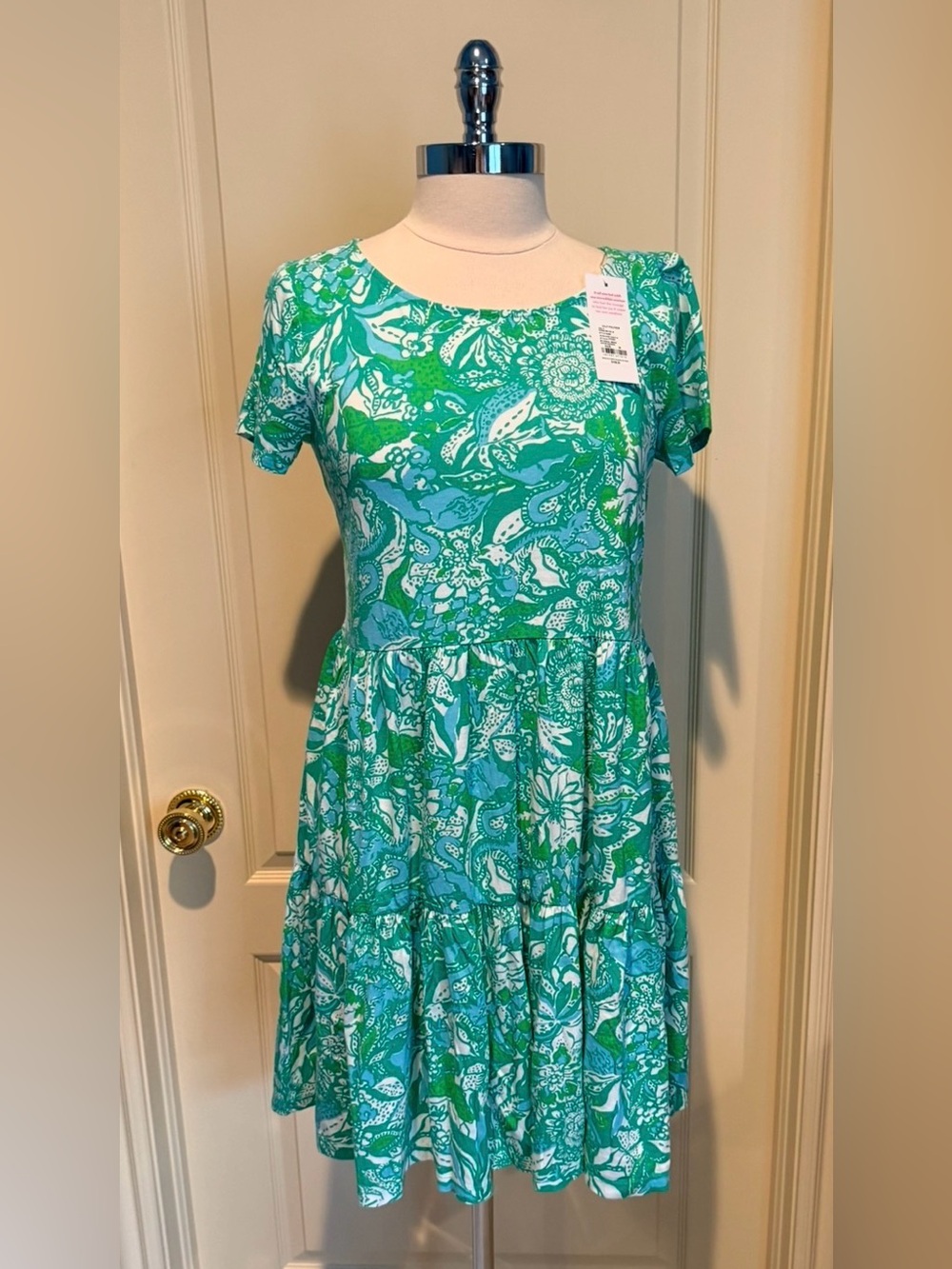 Lilly Pulitzer Teal Green & White Floral Short Sleeve Midi Dress